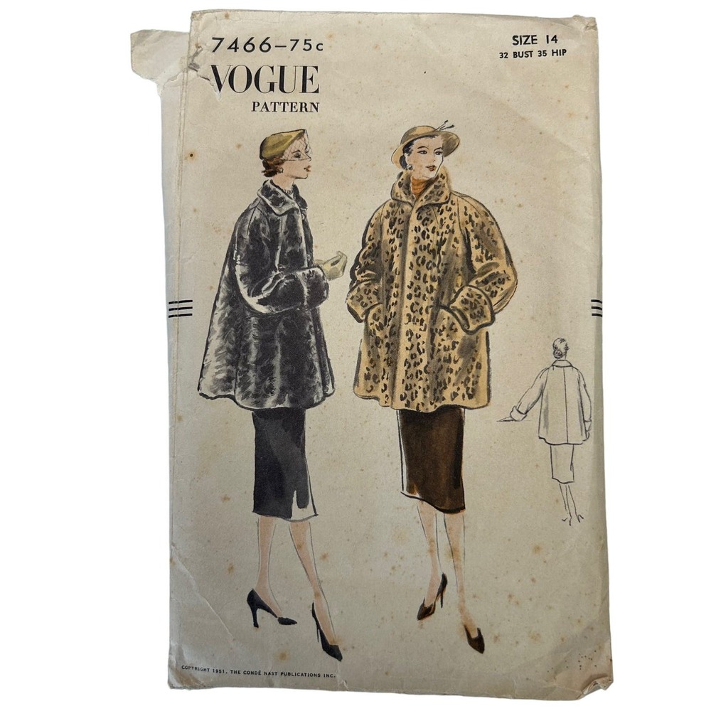 Vogue Vintage 1950's Pattern #7466 Women's Coat Size‎ 14 HTF RARE